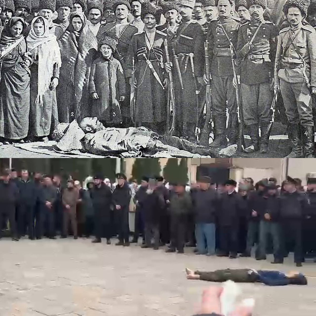 niyso_turk's tweet photo. Rus işgalcilere korku salan Abrek Zelimhan'ın naaşı, halka gözdağı vermek amacıyla şehrin ortasında Rus kuklaları tarafından sergilenmiş ve psikolojik şiddet için ailesi cenazenin başında beklemeye mecbur bırakılmıştı.

Onlarca yıl geçmesine rağmen yöntemler hiç değişmedi. https://t.co/TgDs80bayQ