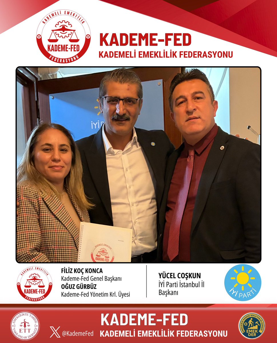 ETTDER1999's tweet photo. SAYIN YÜCEL COŞKUN İLE YENİDEN BİR ARAYA GELDİK

İYİ Parti İstanbul İl Başkanı Sayın Yücel Coşkun ile İYİ Parti Kartal İlçe Teşkilatı’nda yeniden bir araya geldik.

Kademeli Emeklilik Federasyonu Genel Başkanımız Sayın Filiz Koç Konca ve Yönetim Kurulu Üyemiz Sayın Oğuz Gürbüz’ün katıldığı görüşmede; daha önce Sayın Coşkun’u makamında ziyaret ederek detaylandırdığımız taleplerimizi ve çözüm önerilerimizi bir kez daha istişare ettik.

Kademeli emeklilik mücadelesine ve haklı taleplerimize verdikleri kararlı ve sürekli destekten ötürü Sayın Yücel Coşkun’a ve İYİ Parti Kartal İlçe Teşkilat Başkanı Sayın Önder Karakelle ve yönetimine teşekkür ederiz.

Adalet tecelli edene ve hakkımızı alana kadar omuz omuza mücadeleye devam edeceğiz! 🇹🇷

Kademeli Emeklilik Federasyonu

@iyiparti @ipekozkal @SBugraKavuncu @TuranYALDIR @LutfuTurkkan @KarakelleOnder @ayyuceturkestas @stselcan @sukrukuleyin61 @YS_Turkoglu @aefakibaba @yavuzaydintrb @senolsunat @ridvanuz17 @beyaz_ersin @_hakanolgun @Ozturkdenizli @HasanToktasTR @2727mmg2727 
@Akburak @mehmetakalin22 @MDervisogluTR @KevserOfluoglu 
@Dilrubaoglckl @ahmetkabaca14 @deryaavci76 @emrah_av @Yucel_Coskun 

#KademeliEmeklilik #KademeHaktır #AdaletİçinKademe #İYİParti 

@KademeFed 
@ETTDER1999
@EmekDerResmi
#KademeVaktiGeldi