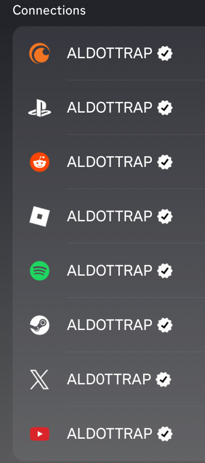 ALD0TTRAP's tweet photo. i think its a really fun game to see how many connections i can add that makes it look like a long list of ALDOTTRAP. i dont use reddit or steam at all barely even crunchyroll it just looks silly https://t.co/qXzKPOoFAe