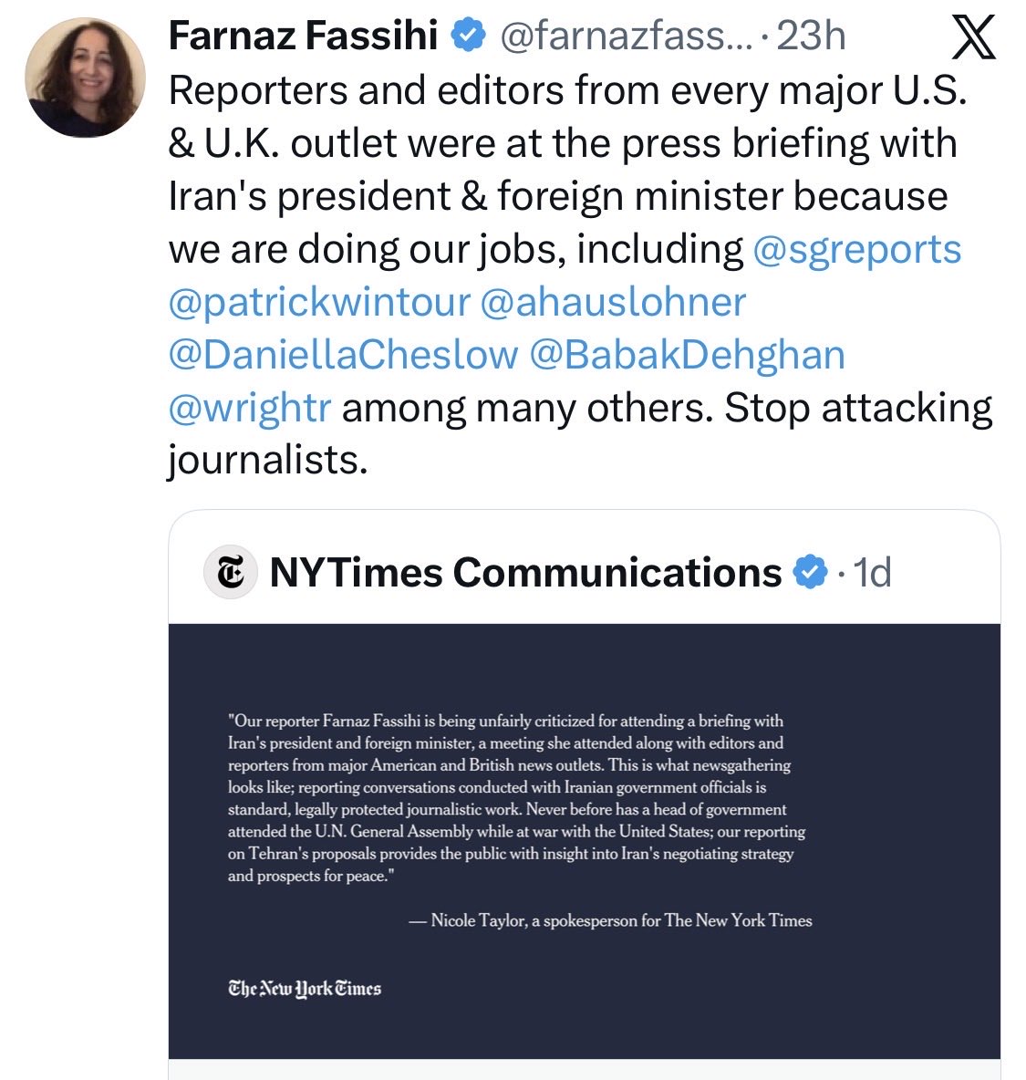 hahussain's tweet photo. Was Iranian-American journalist @NegarMojtahedi invited by Islamic Iran regime to their New York presser so that she can do her job?
Or is this a job that Islamic Iran wants favorites only, like Farnaz, to do? 
And why does Tehran favor Farnaz over Negar? https://t.co/DgIFt9QT3Z