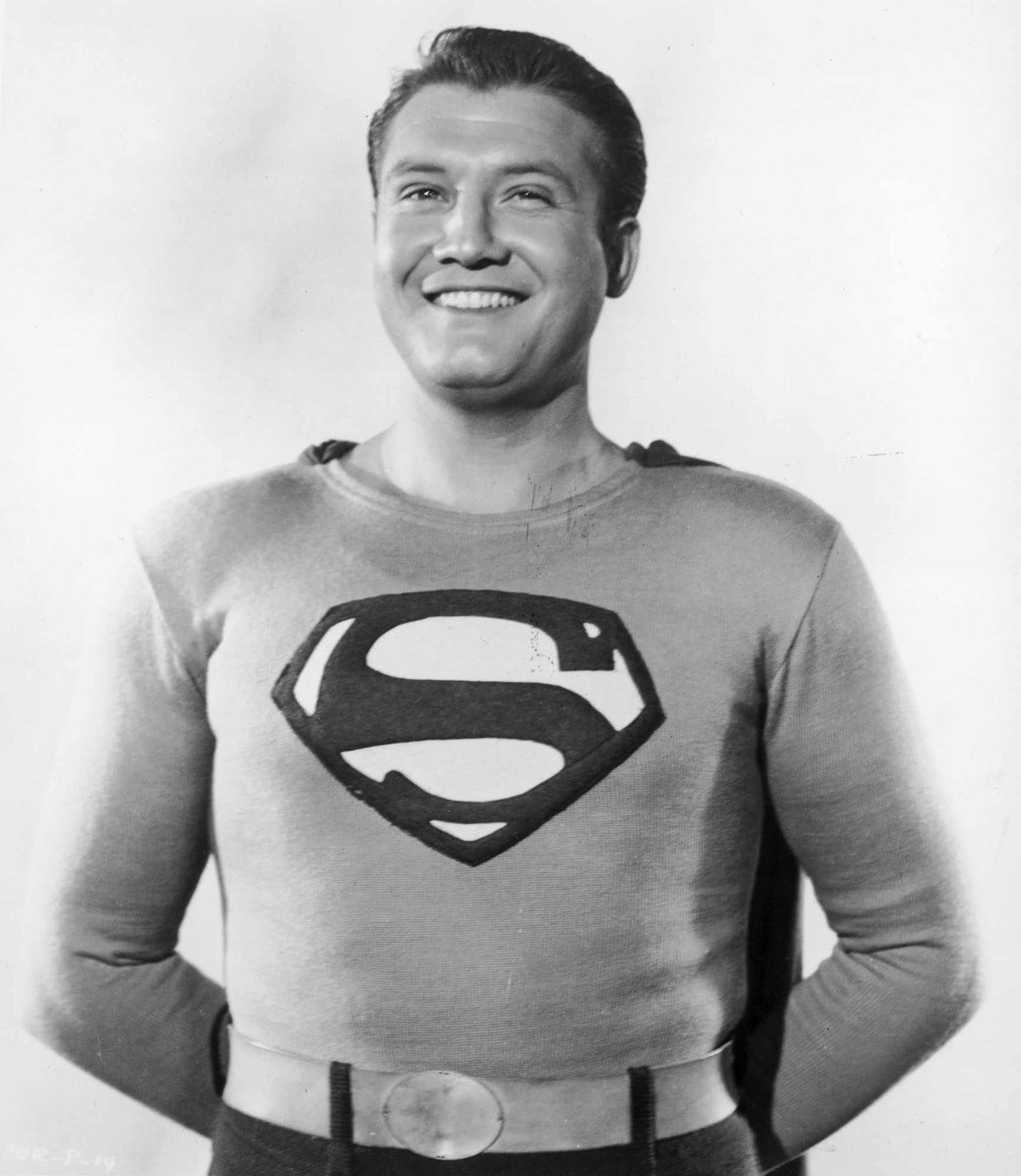 VooDragon's tweet photo. Faster Than a Speeding Bullet

In 1951, George Reeves played the gallant superhero in the first feature film based on a DC Comics character, Superman and the Mole Man. 

Oddly one year after production he was killed by a bullet in a controversial suicide.

This will always be my first Superman