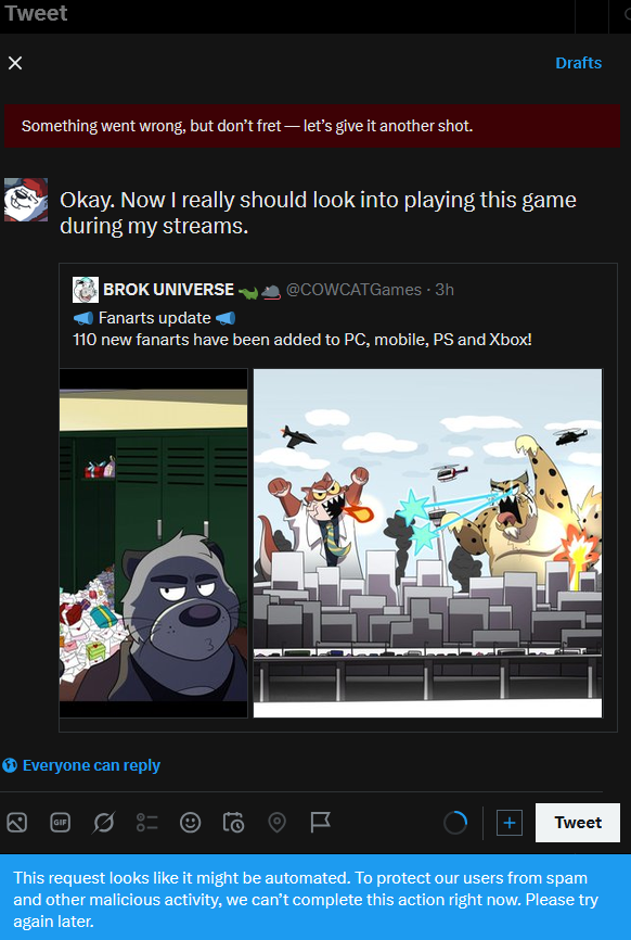 SeanDeSQRL's tweet photo. Bruh. How the fuck is this considered automated? I literally just typed this shit out, and the site is already giving me shit in return.
I just wanted to support an indie game and even have a future plan to play it during one of my streams.

Is that so wrong? https://t.co/ngdV5bKBT2