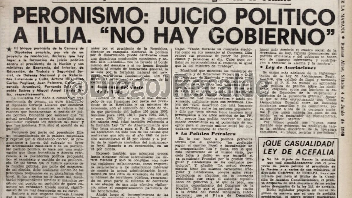 DiegoJRecalde's tweet photo. Acá tienen al peronismo en acción, el movimiento que nació de un golpe de Estado.
Querían hacerle un juicio político a Illia.
Ellos, con Onganía apoyado por Perón, voltearon a Illia. 
Siempre fueron, son y serán golpistas.
Y siempre con apoyo de los medios. https://t.co/ZsHCyBzxNk
