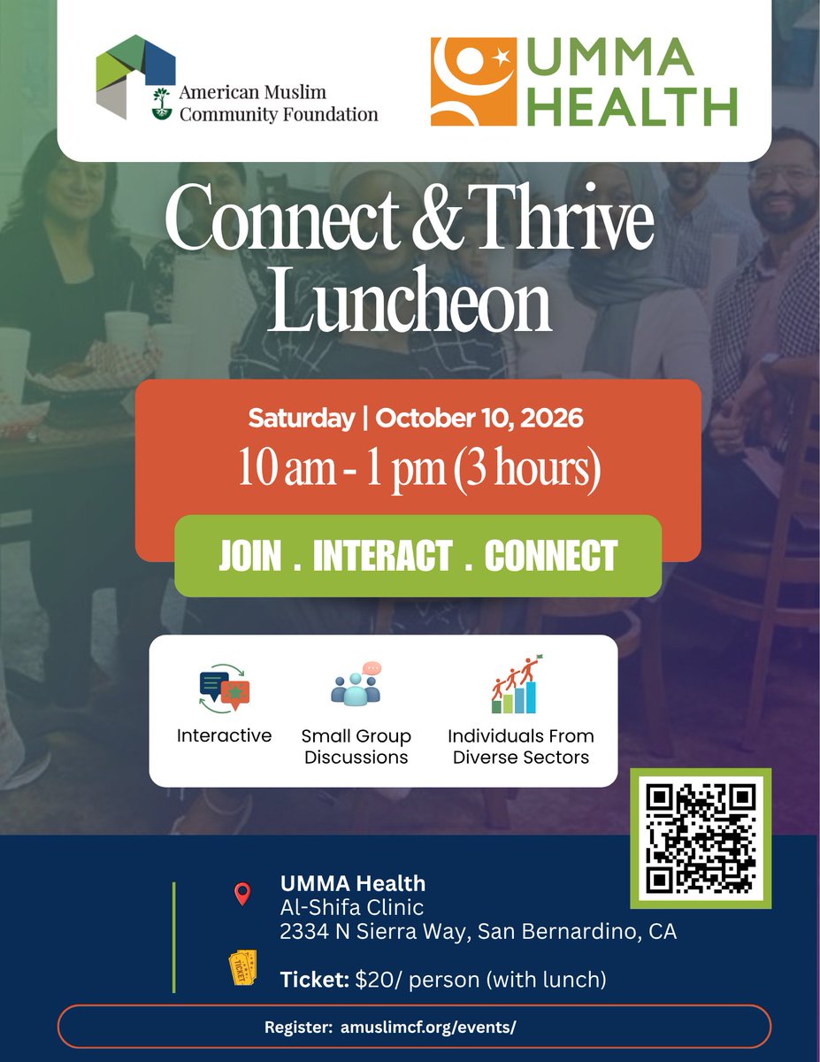 AMuslimCF's tweet photo. ⭐ Have friends, family, or colleagues in Southern California? Share this with them!

🔗Register: https://t.co/74DMXFYOuu

#AMCF #ConnectAndThrive #MuslimProfessionals #MuslimNonprofits #MuslimPhilanthropy #CommunityBuilding #InlandEmpire #SouthernCalifornia #UMMAHealth https://t.co/cFfaDWKmOd