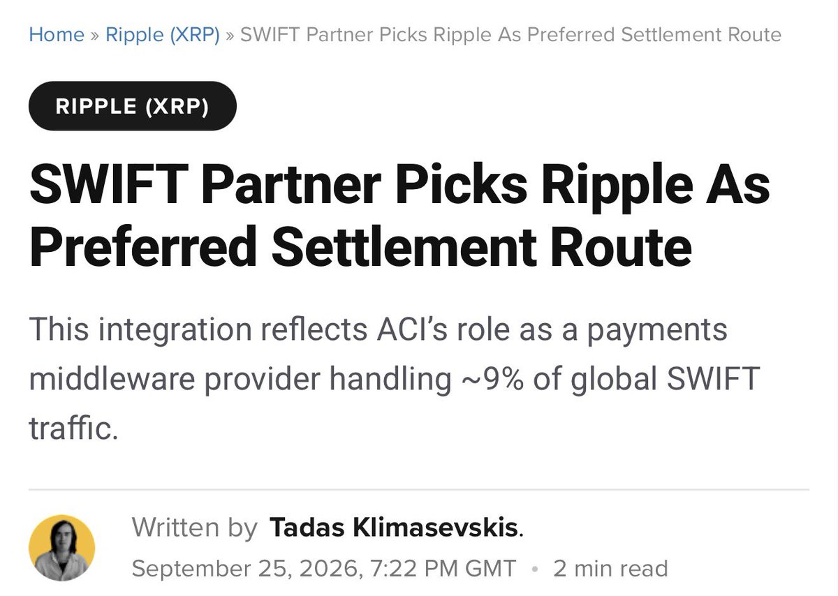 RippleXrpie's tweet photo. 🚨THIS IS MASSIVE! 

ACI, one of the LARGEST SWIFT partners, has chosen the #XFP-Ledger to handle 9% of the GLOBAL transactions. 🔥

$100 per XRP is inevitable. 
Not financial advice. https://t.co/doSTrXuGEI