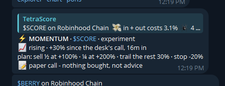 Tetrascoreio's tweet photo. our own desk just flagged $SCORE

⚡ momentum feed: +30% since the desk's call, 16m in
📝 paper call, nothing bought

same rules for its own token as every other launch. no override https://t.co/Qe0aMVEMkS