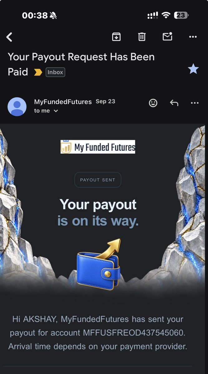 Screenshot shared by @Minded_Trader_ on X announcing a first MyFundedFutures payout.