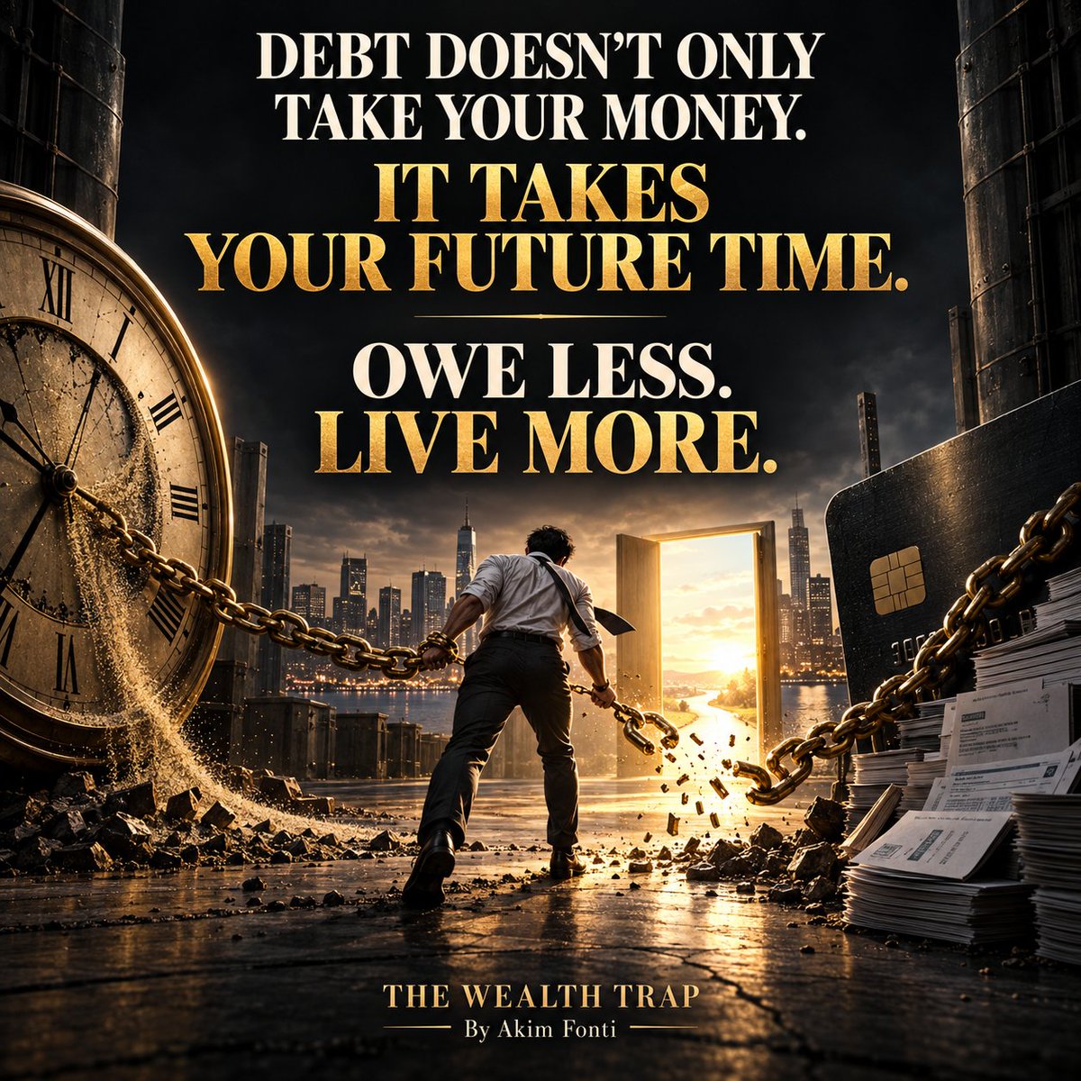 AkimFonti's tweet photo. DEBT DOES NOT ONLY TAKE YOUR MONEY.

IT TAKES YOUR FUTURE TIME.

That new car was not just $700 a month.

It was hours of your life already promised to a lender.

That credit-card balance is not only a number.

It is future mornings you must wake up early.

Future traffic you must sit through.

Future weekends you cannot fully enjoy.

Future choices you may not be free to make.

Every debt payment turns part of tomorrow into an obligation.

And the minimum payment?

It was designed to keep you comfortable enough to continue paying—but trapped long enough to make someone else wealthy.

This does not mean you should feel ashamed.

Millions of hardworking people used debt simply to survive.

But shame will not free you.

A plan can.

Stop adding new debt.

Know every balance and interest rate.

Build a small emergency cushion.

Choose one debt and attack it relentlessly.

When it disappears, send that entire payment toward the next one.

Do not use your progress as permission to upgrade your lifestyle.

Use it to buy back your freedom.

Because becoming debt-free is not only about keeping more money.

It is about owning more of your time.

More of your decisions.

More of your life.

The goal is not to look rich while owing everyone.

The goal is to owe less—and live more.

THE WEALTH TRAP
By Akim Fonti
#TheWealthTrap #DebtFreeJourney #FinancialFreedom #MoneyMindset #PersonalFinance #EscapeTheTrap #BuildWealth #TakeControl #FinancialLiteracy #AkimFonti
