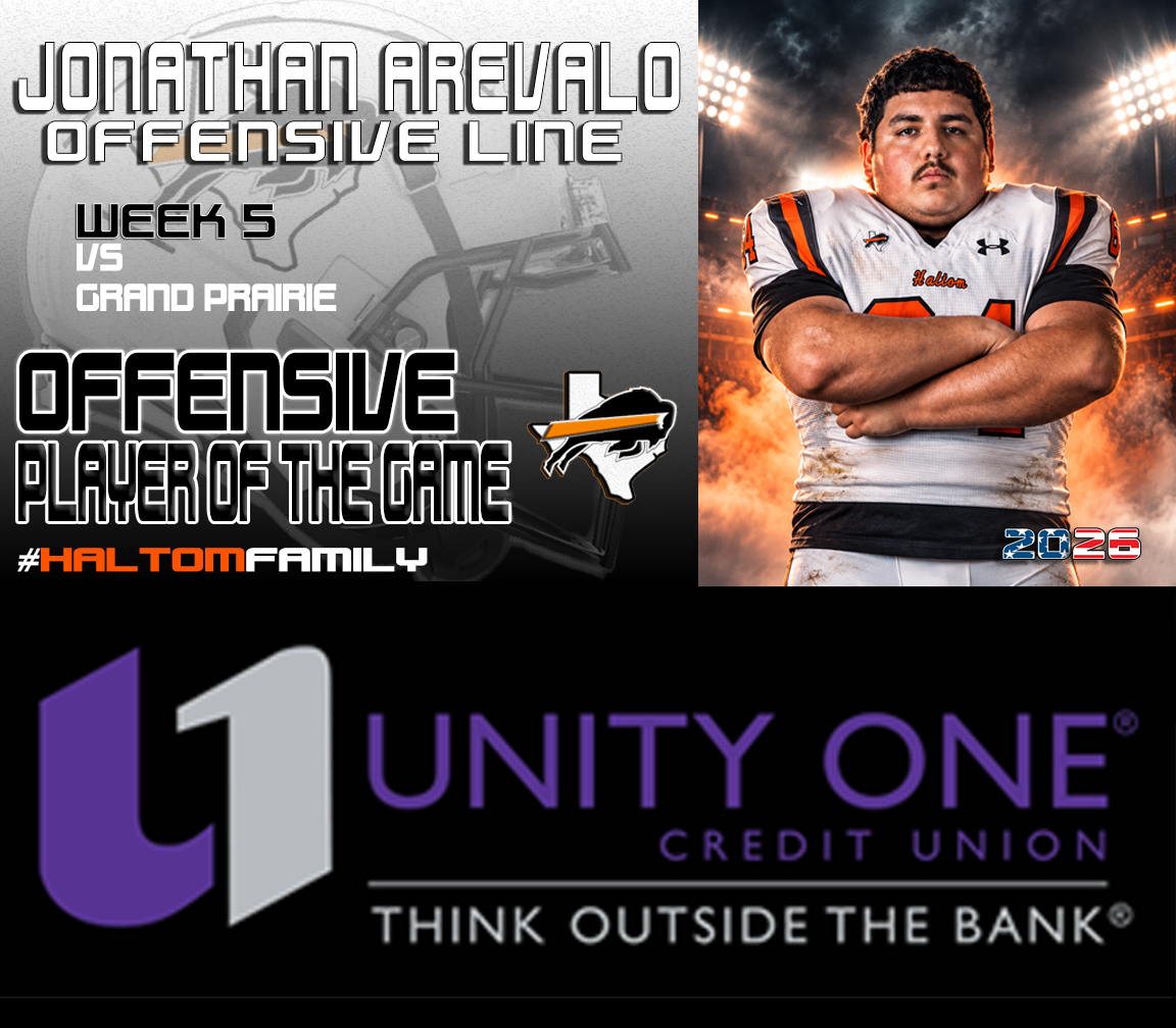 Coach_JWTucker's tweet photo. Jonathan Arevalo anchored the OLine at center to help the Buffalos rack up over 400 yds rushing in the District Opening win in Week 5. He is one the "Unity One Credit Union" Offensive Players of the Game. 
#HaltomFamily @HHSBuffFootball https://t.co/Jy88iHDnpu