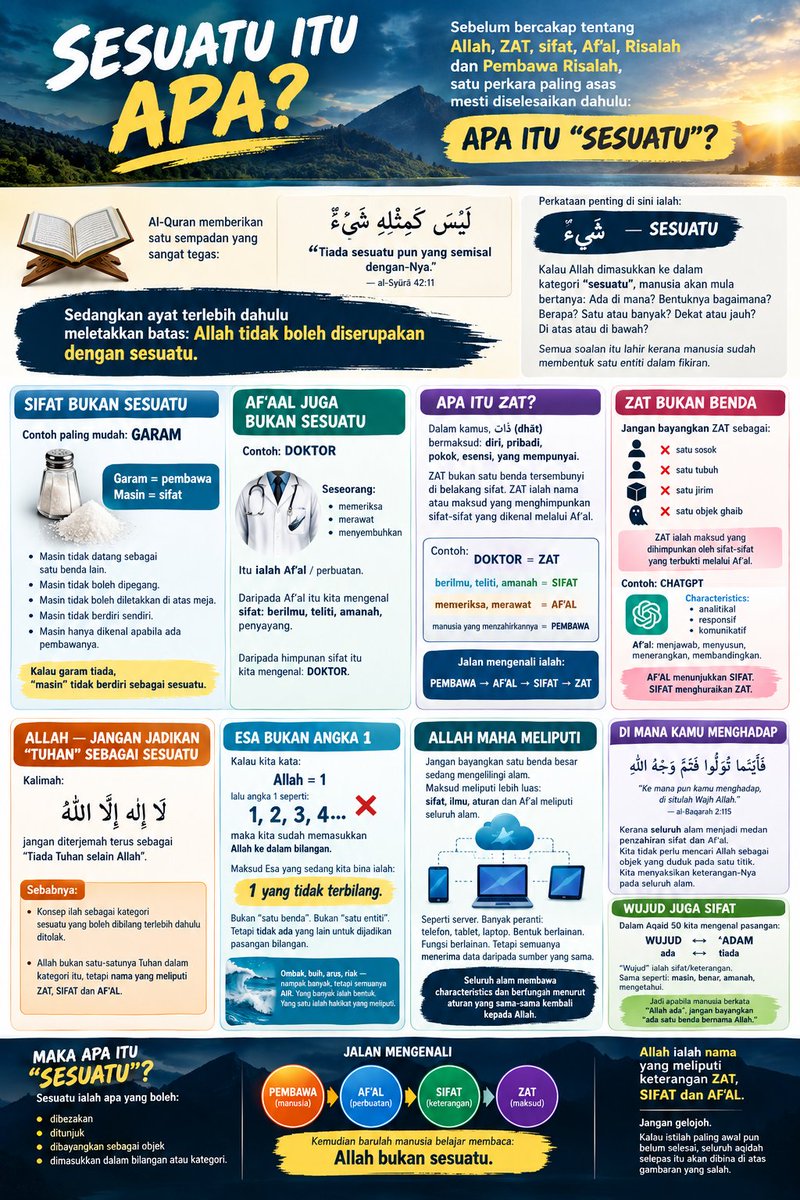 Fatan_1727's tweet photo. SESUATU ITU APA?

Sebelum membicarakan ZAT, SIFAT &amp; AF‘AL, fahami dahulu “sesuatu”.

لَيْسَ كَمِثْلِهِ شَيْءٌ
“Tiada sesuatu pun yang semisal dengan-Nya.”
— al-Syūrā 42:11

“Sesuatu” ialah yang boleh ditunjuk atau dibayangkan sebagai objek.

Stop bayangkan Allah sebagai objek!! https://t.co/QJAFROuu6P