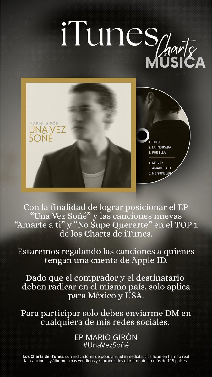 Supportmgiron_'s tweet photo. 🎁 ¿Quieres las nuevas canciones de #MarioGirón? ¡Nosotros te las regalamos! ✨

Si eres de México o EE. UU. 🇲🇽🇺🇸:
💬 Escríbeme/coménta este post y listo, ¡sumemos compras para el chart! 🙌🏼

⚠️ No necesitas un dispositivo Apple, puedes usar iTunes desde una PC con Windows para canjearla 💻

EP MARIO GIRÓN
#UnaVezSoñé