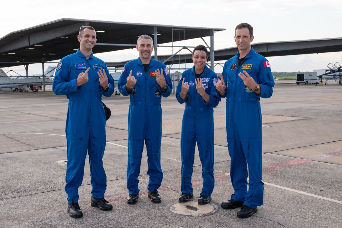 NASAJohnson's tweet photo. This morning, the next crew destined for the International @Space_Station departed Houston -- until next year.

Members of NASA's SpaceX Crew-13 -- NASA astronauts Jessica Watkins and Luke Delaney, Canadian Space Agency astronaut Joshua Kutryk, and Roscosmos cosmonaut Sergey Teteryatnikov -- boarded NASA's T-38 aircraft for their flights to @NASAKennedy Space Center, where they're set to launch on October 1. 
Learn more about Crew-13: https://t.co/PLg7iJb94C