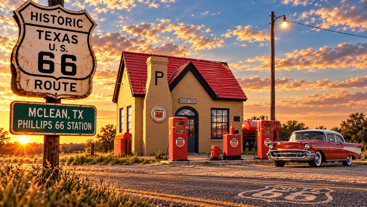 keylargodreamz's tweet photo. Route 66 #route66 turns 100 this year.

If you ever get the chance, drive the Mother Road. As some sort of motivation, I'm going to share AI images of the most iconic sights along the journey - all the way from Chicago to L.A. - one sight at a time.

What a gem - the old, charming Phillips 66 gas station in McLean, TX.