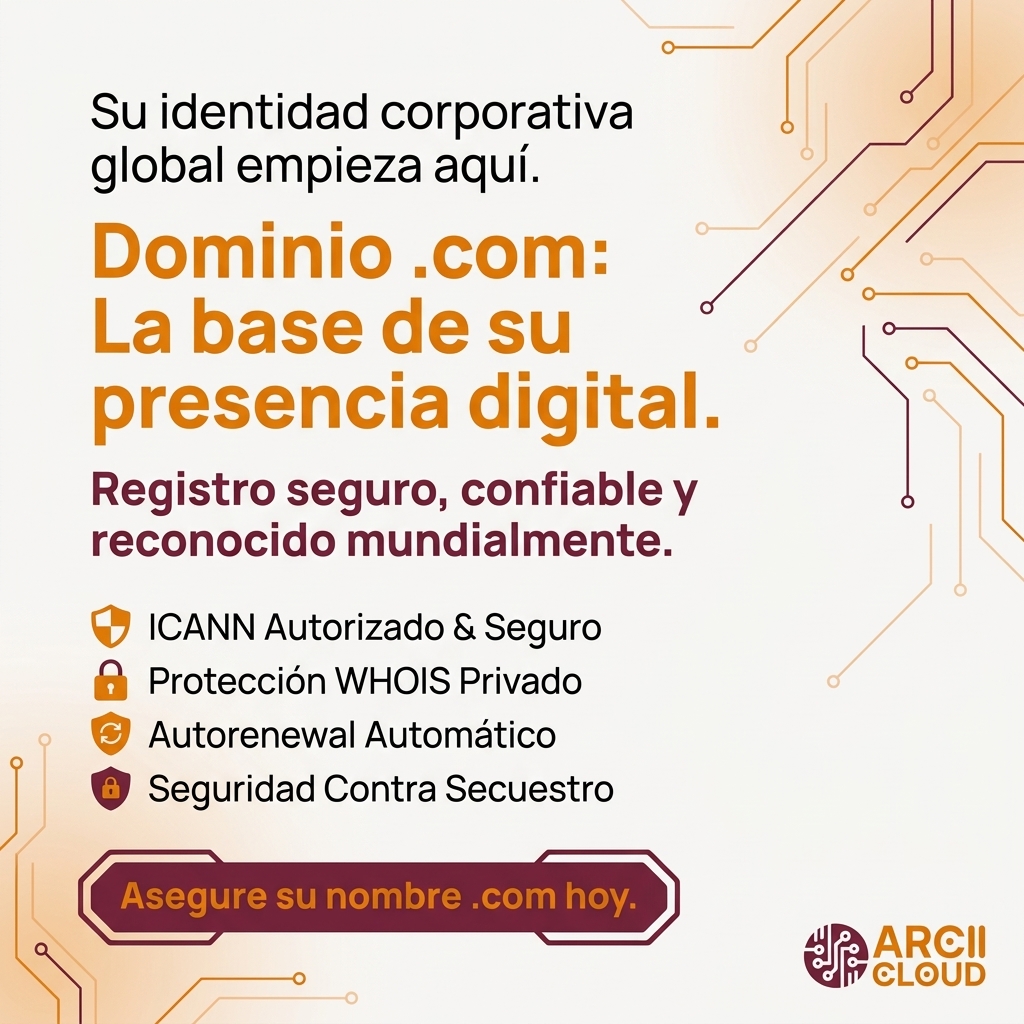 ARCIICloud's tweet photo. Tu dominio .com es la base de tu identidad corporativa internacional. Asegura la continuidad de tu negocio con ARCII Cloud: protección contra secuestro, privacidad WHOIS y renovación automática bajo acreditación ICANN. Registra o transfiere tus activos digitales a una infraestruc https://t.co/wnV7OK01pQ