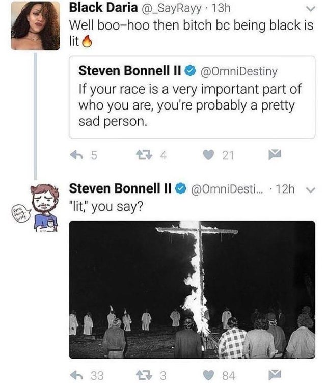 Charlie1989a's tweet photo. @FDRpilled @ss_reny82137 @m0ntilyett @KyleKulinski @TheOmniLiberal Yeah? Like saying he's pro-genocide? Or telling his fans in a genocidal army to stop recording their war crimes? Or when he sent a burning cross to a black woman? Or when he said rednecks had his blessing to mow down BLM?

Oh wait, that was the other guy in the photos 🤯 https://t.co/wNLjpAu6VJ