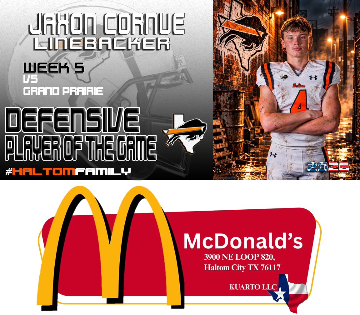 Coach_JWTucker's tweet photo. Jaxon Cornue had 8 Tackles &amp; a "Pick 6" in the District Opening Win! He is one of the "McDonald's" Defensive Players of the Game for Week 5. 
#HaltomFamily @HHSBuffFootball https://t.co/lY5xSEo2Qe