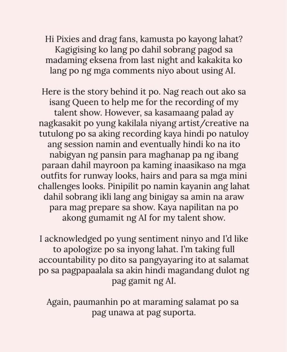 Drag_Crave's tweet photo. Following Maureen Biology, Valeria has also apologized for the use of AI-generated vocals in her Drag Race Philippines season 4 talent show track:

"I acknowledge your sentiment and I’d like to apologize to all of you. I’m taking full accountability for this incident, and thank you for reminding me of the negative consequences of using AI."
