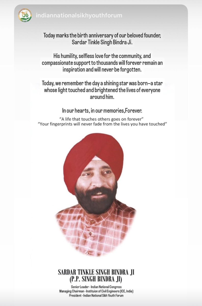 insyfindia's tweet photo. Today marks the birth anniversary of our beloved founder, Sardar Tinkle Singh Bindra Ji. @TinkleBindra https://t.co/SMgaDbzMMW