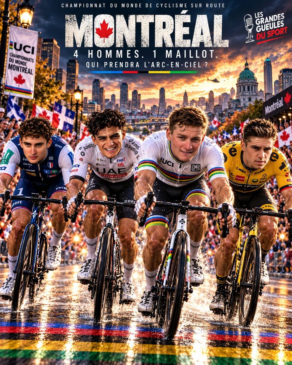 plouy17's tweet photo. 🌈🚴 Demain à la une des GG du Sport : bataille royale à Montréal ! Quatre champions, un seul rêve : enfiler le mythique maillot arc-en-ciel, le plus beau maillot du monde. 🔥Qui entrera dans l’histoire et deviendra champion du monde ? Réponse demain ! 🎙️
#rmclive #GGDS https://t.co/X5w7bR1aOk