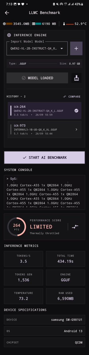 PrimeDev_x's tweet photo. Device AI Benchmark with LLM Connect 💀👍 https://t.co/QRYm3SGqf3