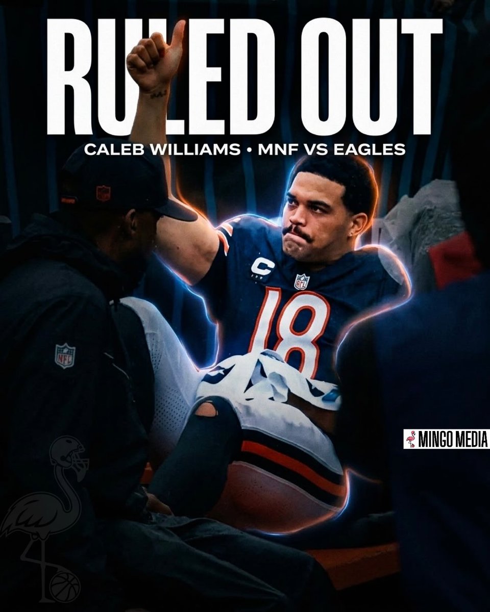 MingoMediaX's tweet photo. #NFL  |  🚨BREAKING: Caleb Williams has officially been ruled OUT for Monday night vs. the #Eagles with the hamstring injury he sustained against the Vikings, the #Bears announced. 🤕 https://t.co/83a21ZJq40