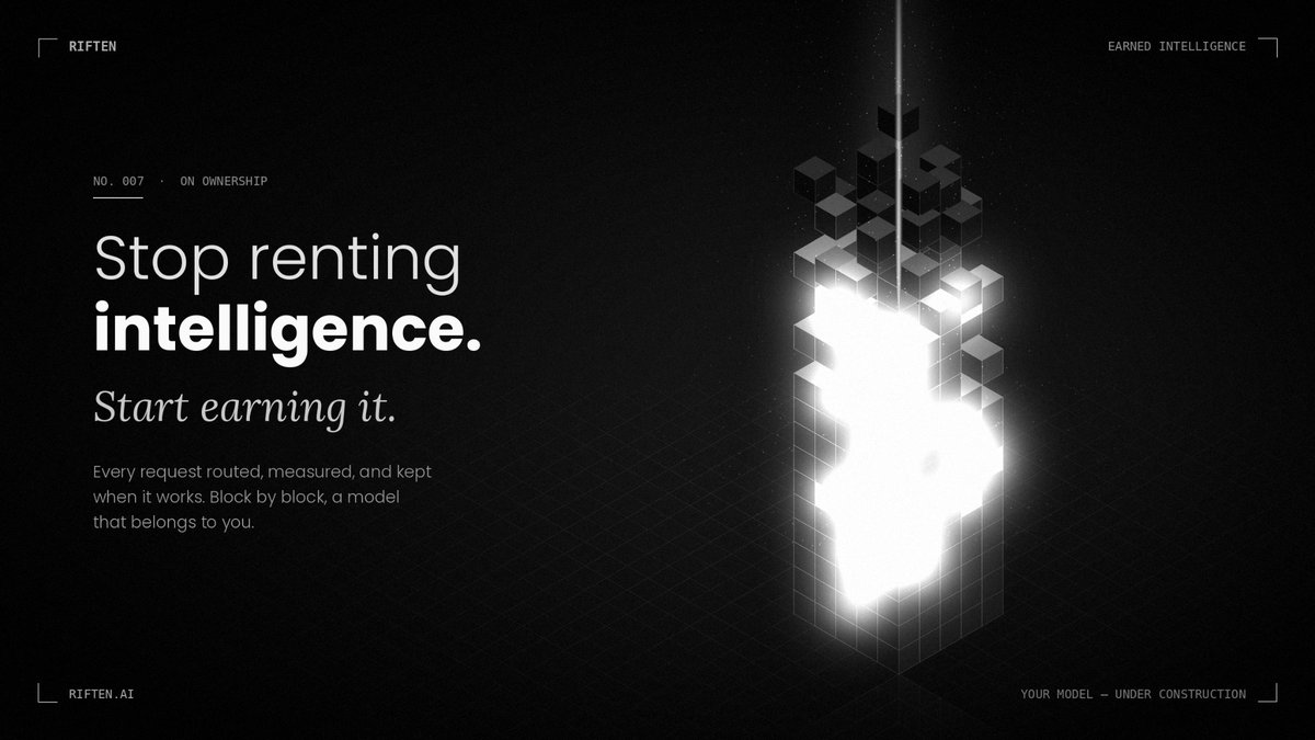 riften_ai's tweet photo. Stop renting intelligence. Start earning it.

Most companies treat AI as a utility. You pay per token, get an answer, and start from zero the next day. The spend grows every quarter, but the capability never becomes yours.

Riften takes a different approach.

Every request runs through a single gateway and goes to the model best suited to the task. Every outcome is measured against your company's real work. What performs is kept. What doesn't is left behind.

Over time, those verified results become the foundation of a private model, trained exclusively on your data and deployed only when it matches or outperforms the API it replaces.

Block by block, your AI spend turns into an asset on your balance sheet instead of a line item that resets every month.

Your model is already under construction.
The only question is who owns it.

Riften. Earned intelligence.
→ https://t.co/6z7BOcp3IH
