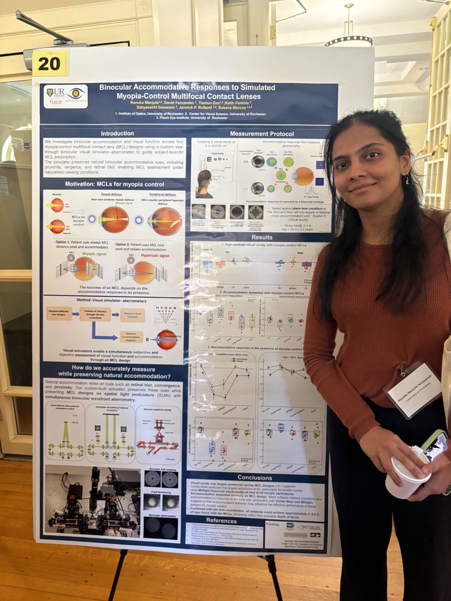 MarcoslabUr's tweet photo. @marcoslabUR @Optica_FVM 
 :Renuka Narayanan presents #binocular #VisualPerformance &amp; #accommodation thru  SLM-simulated #multifocal CLs of #myopia control; #AdaptiveOptics @cvsuor @RochesterOptics @flaumeye @ur_engineering  @FreeformOptics   #OFVM2026 https://t.co/cSOCQM5E85