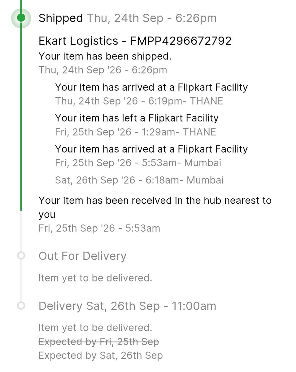 NeeleshBanerjee's tweet photo. Poor service by @Flipkart. Check order OD438704949529204100.
Delivery got delayed for continuous 2 days.
@flipkartsupport plz make sure it gets delivered by 27/09/26, or I've to cancel the order.
Pathetic service day by day despite charging various kinds of handling &amp; other fees. https://t.co/ZvbZ4NSlnC