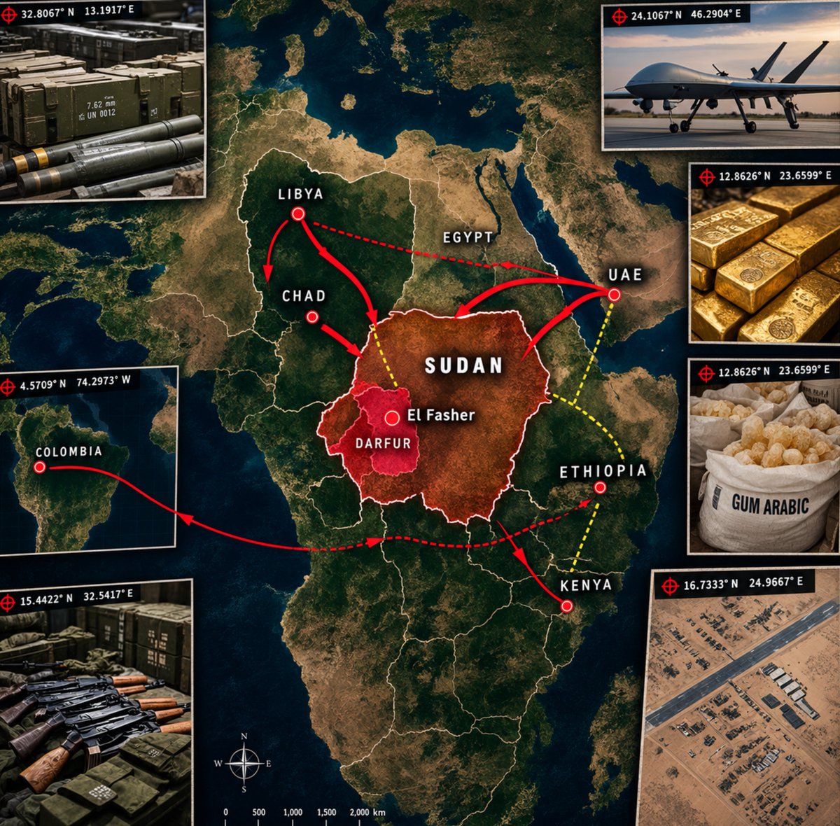 SankaraDispatch's tweet photo. The UAE has built an elaborate transnational pipeline around Sudan’s war — moving weapons, fighters and, on the other side, gold and other valuable commodities.

COLOMBIAN MERCENARIES 🇨🇴: Colombian military contractors have been recruited through ostensibly private “security” companies and routed through the UAE, Libya and Chad before reaching Darfur and training fields in Ethiopia. 

Human Rights Watch documented Colombian contractors fighting alongside and training RSF forces, including routes through eastern Libya into Darfur.

WEAPONS 🇦🇪: Weapons and military equipment from to the UAE have reached the RSF through complex supply routes. The UN has documented weapons transfers through eastern Chad, while Human Rights Watch identified equipment originally destined for UAE forces that was subsequently found with RSF-linked forces.

CHAD 🇹🇩: Amdjarass in eastern Chad became a major transit point.  The UN documented weapons leaving the airport in convoys bound for the RSF, while investigations documented extensive air traffic between the UAE and Amdjarass.

ETHIOPIA 🇪🇹: Ethiopia has also been implicated in the RSF's external supply network. Sudan's army has accused Ethiopia and the UAE of involvement in drone attacks and of allowing drones to be launched from Ethiopian territory. Ethiopia is also hosting thousands of RSF terrorists in training camps in Ethiopia.

GOLD 🇸🇩: Sudanese gold has become a major source of financing during the war. The UN Panel of Experts reported that more than 50% of Sudan's gold production was being smuggled outside formal channels. It also documented Sudanese gold reaching Dubai, including a 50 kg consignment received there in May 2023.

And then there is KENYA 🇰🇪.

Kenya has repeatedly denied allegations that it is being used as a major transit hub for illicit Sudanese gold.

But the numbers raise serious questions.

In 2025, Kenya officially exported 1,731 kg of gold worth about $107.95 million — while Kenya itself produced only 329.1 kg annually.

That's more than five times Kenya's entire domestic gold production.

And 1,323 kg of those reported exports — worth about $68.9 million — went directly to the UAE. 

This enormous gap between what Kenya mines and what it exports — combined with the UAE being by far the largest destination — deserves serious scrutiny.

Sudan is being destroyed by a genocide funded by the UAE.

Weapons and mercenaries flow IN. Gold, Arabic gum and other resources flow OUT.

And somewhere along that pipeline, African resources are being converted into enormous fortunes while Sudanese civilians pay the price with their own blood. 

Free Sudan 🇸🇩