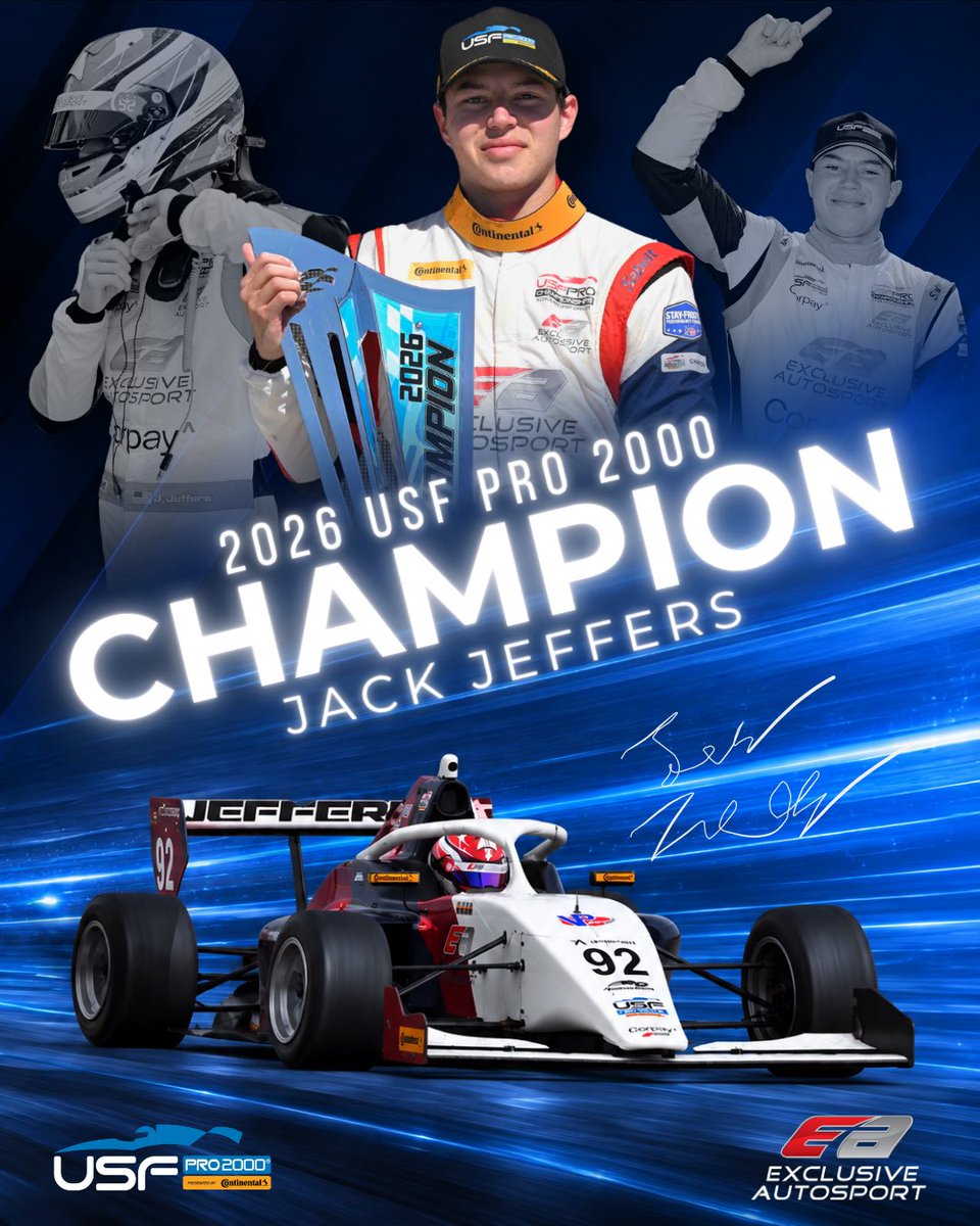 USFPro2000's tweet photo. ๐ JACK JEFFERS IS YOUR 2026 USF PRO CHAMPIONSHIPS USF PRO 2000 CHAMPION! ๐
What a season for Jack Jeffers! A huge congratulations to Jack and the entire team on a standout 2026 season! ๐๐
#USFPro #INDYCAR #Motorsports #Continentaltire #VPRacing https://t.co/ISDKQfXF0l