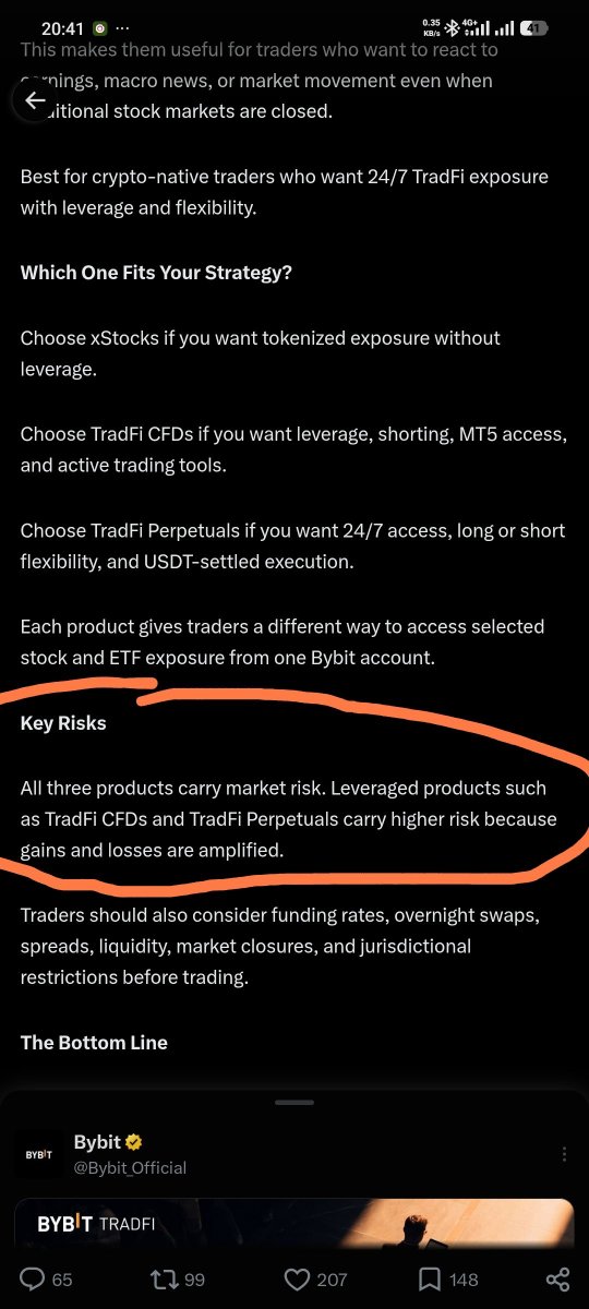 hanamustikaaa's tweet photo. @Bybit_Official My #1 takeaway : 

All three products carry market risk. Leveraged products such as TradFi CFDs and TradFi Perpetuals carry higher risk because gains and losses are amplified https://t.co/NNlufOzGHp