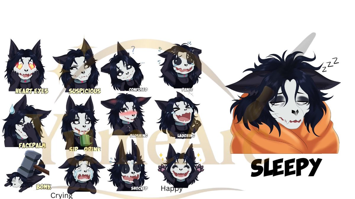 YumearcStudio's tweet photo. 13 custom emotes, one character and a WHOLE lot of personality!✨

remember the sketches we shared? well here's the finished set!

from heart eyes and suspicious looks to absolute panic, getting BONKED and that very relatable sleepy face... every expression was designed to bring a different side of our client's character into chat
because great emotes do more than look cute they become inside jokes, unforgettable reactions and little pieces of your community's identity 💛

now tell us which one would YOUR chat spam the most? 
and if you've been dreaming of your own custom emote set, we'd love to bring your character's expressions to life!

DMs are open ✨
#Vtuber #Emotes #FurryVTuber 
#vtuberfr #artist