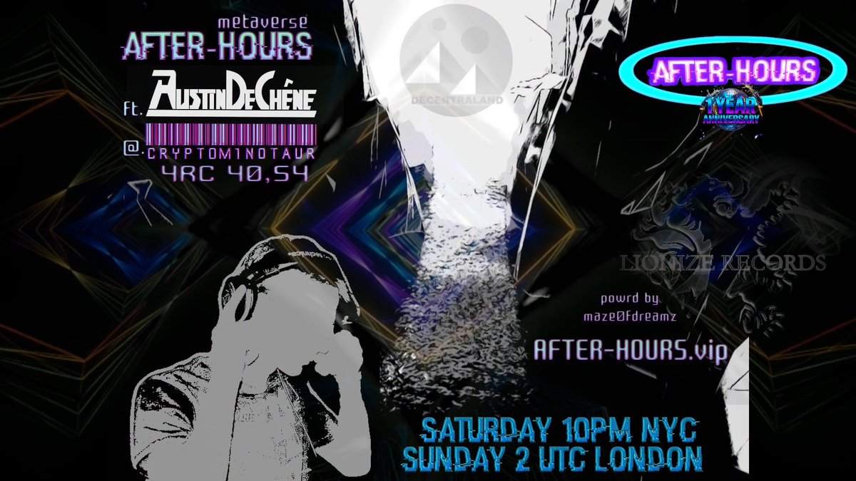 AustinDeChene's tweet photo. TONIGHT-TONIGHT🪩https://t.co/n0oLfzJIcC

COME JOIN THE VIBE WITH @AustinDeChene AND @Crypt0M1notaur!

4RC NIGHT CLUB [40,54] IN @DECENTRALAND

SATURDAY 10PM EST / SUNDAY 2AM UTC

https://t.co/jNn5acyEMS | https://t.co/trh8qpSSoN https://t.co/SvjpYv5ZMg