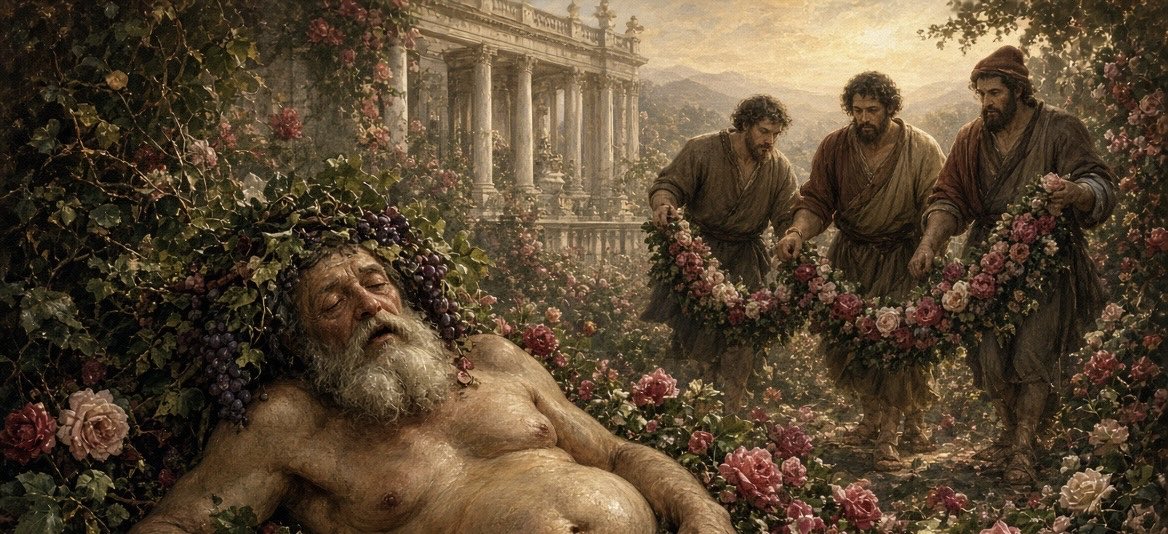 dan_p_ofem's tweet photo. When Midas Found a Drunk God

One morning, Phrygian peasants working in the sacred rose gardens of King Midas stumbled upon an old man passed out among the flowers. 

It was Silenus, completely drunk, who had wandered away from Bacchus’s procession and lost his way. 

The peasants bound him with chains of flowers and brought him before their king.

While others might have thrown the trespasser out, Midas recognized the old man immediately. He ordered Silenus untied, cleaned, and treated with the highest honor. 

For ten days and nights, Midas hosted a lavish feast of music, wine, and storytelling. 

On the eleventh day, he personally escorted Silenus back to Bacchus.

Overjoyed to have his tutor returned safely, Bacchus granted Midas a single wish. 
Driven by ambition and greed, Midas asked for the Golden Touch: that everything he touched might turn into gold.

At first, Midas was ecstatic. He turned twigs, stones, and entire rooms into solid gold. 
But the miracle quickly became a nightmare. 
When he sat down to celebrate, his bread hardened and his wine solidified into precious metal. 

Realizing he was doomed to starve amidst unimaginable wealth, a terrified Midas begged Bacchus for mercy. 
The god pitied him and told him to wash in the source of the River Pactolus. 

Midas plunged into the waters, transferring the curse into the riverbed, which is why ancient writers claimed the Pactolus flowed with gold dust.

But the most haunting part of the story happened before the wish. 
During the ten days of feasting, Midas managed to coax a rare prophecy out of his guest. 

When Midas demanded to know what was best for a human being, Silenus resisted, remaining silent. When forced to speak, he gave a chilling answer: "Miserable ephemeral race... what is best for you is utterly beyond your reach: not to have been born, not to be. But the second best is to die soon."

It is a stunningly dark philosophy coming from the tutor of the god of partying. 
It reveals the tragic duality the Greeks saw in Silenus: a creature who loves wine, dance, and laughter because he understands the heavy, crushing burden of mortal existence.

The myth of Midas and Silenus serves as a double-warning about how humans seek happiness, offering two profound lessons:

The Trap of Superficial Desires (The Midas Lesson): The Golden Touch warns against greed and short-sighted ambition. 
It reminds us that the things we think will bring security and happiness, wealth, status, and material abundance, can easily isolate us and destroy the basic necessities of survival and connection. 
True wealth cannot be hoarded or eaten.

The Antidote to Existential Dread (The Silenus Lesson): Silenus’s philosophy provides the context for why Midas was so greedy. 
Humans often hoard wealth and power out of fear, fear of death, meaninglessness, and the harsh realities of life.
Silenus reminds us that life is inherently fleeting.

Ultimately, the myth tells us that we cannot escape our mortality by burying ourselves in material gold. 

Instead, like the Bacchic revelers, we must find joy, connection, and celebration in the present moment, accepting both the beauty and the sorrow of being alive.