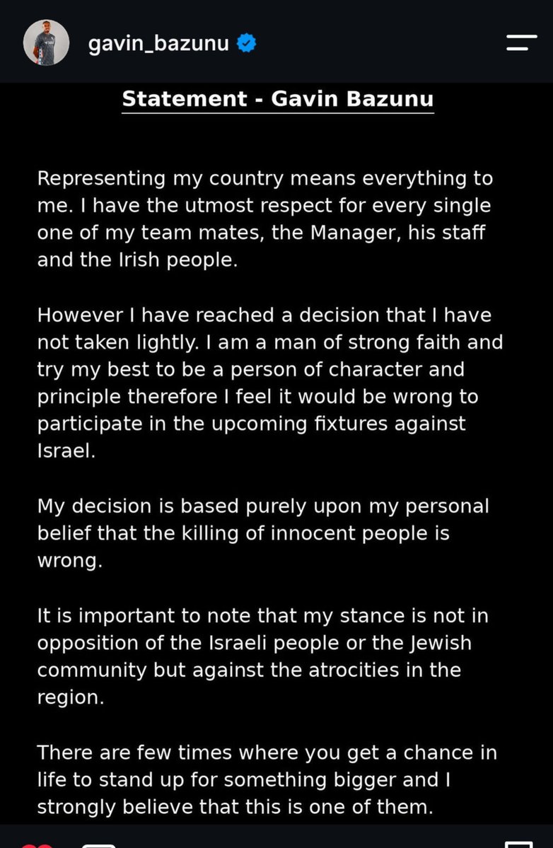 KavitaAlguMD's tweet photo. "My decision is based purely upon my personal belief that the killing of innocent people is wrong...

There are few times where you get a chance in life to stand up for something bigger and I strongly believe that this is one of them." Gavin Bazunu

Respect. 

An example for all of our children. 

#StopTheGame