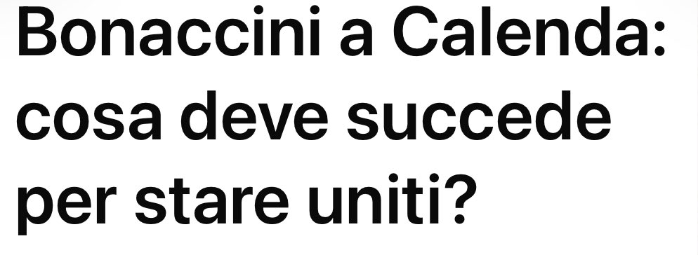 CarloCalenda's tweet photo. Che ritroviate la dignità. Che smettiate di fare gli zerbini di Conte.
Che siate chiari su Ucraina e NATO europea.
Che smettiate di andare appresso alle stupidaggini di Bonelli sull’energia. 
Che prendiate sul serio la questione della sicurezza e dell’immigrazione illegale.
Che la smettiate di avallare bonus che distruggono le finanze pubbliche.
Che non stiate dalla parte degli editori dei giornali che deindustrializzano l’Italia e torniate dalla parte degli operai che subiscono la deindustrializzazione.
Che non rinneghiate una stagione di riforme - job act etc - per compiacere i populisti di sinistra. 
Che vi ricordiate del fondamento garantista della nostra costituzione e non vi sottomettiate a magistrati e al Fatto quotidiano.
Insomma hai capito @sbonaccini. Ricordatevi chi siete e raddrizzate la schiena dritta. 
Poi ne riparleremo.
