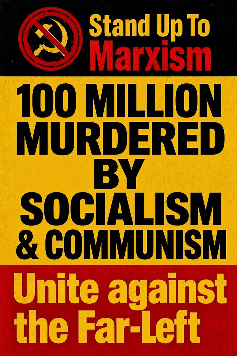 StandUp2Marxism's tweet photo. Official Stand Up To Marxism protest placards can be used at protests against the Far-Left.  

If you want to use these designs, use the official versions only.  

Stand Up To Marxism material is copyrighted. You do not have permission to alter, edit, crop, recolour, add slogans, remove the logo, or otherwise change this material in any way. Print or display the official designs as they are.  

Important: These designs are provided for lawful, peaceful use only. Stand Up To Marxism is not liable or responsible for any legal action taken against anyone who uses this material for illegal purposes, unlawful conduct, or any activity that breaks the law. Anyone using these designs does so at their own risk and is solely responsible for their own actions.