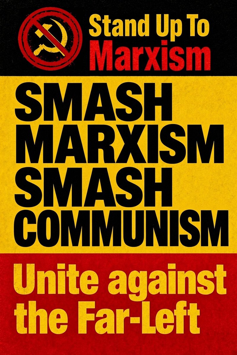 StandUp2Marxism's tweet photo. Official Stand Up To Marxism protest placards can be used at protests against the Far-Left.  

If you want to use these designs, use the official versions only.  

Stand Up To Marxism material is copyrighted. You do not have permission to alter, edit, crop, recolour, add slogans, remove the logo, or otherwise change this material in any way. Print or display the official designs as they are.  

Important: These designs are provided for lawful, peaceful use only. Stand Up To Marxism is not liable or responsible for any legal action taken against anyone who uses this material for illegal purposes, unlawful conduct, or any activity that breaks the law. Anyone using these designs does so at their own risk and is solely responsible for their own actions.