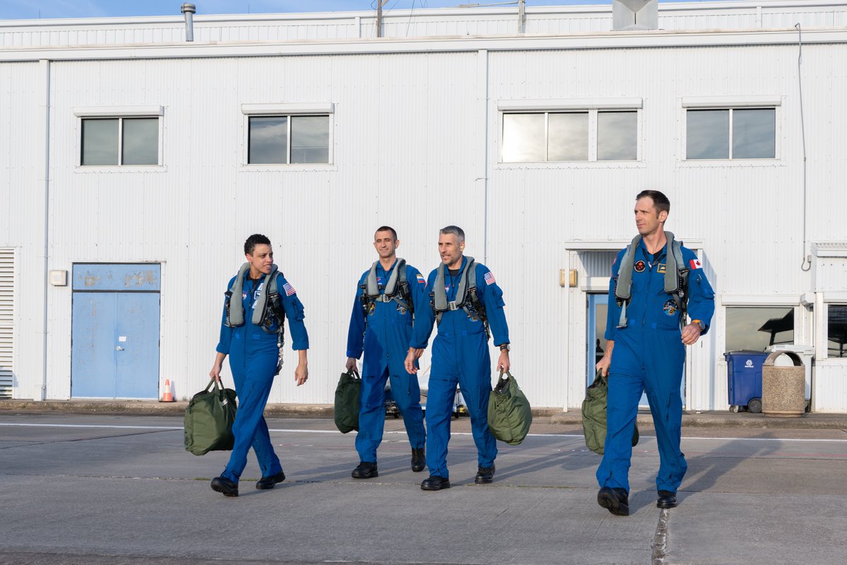 NASAJohnson's tweet photo. This morning, the next crew destined for the International @Space_Station departed Houston -- until next year.

Members of NASA's SpaceX Crew-13 -- NASA astronauts Jessica Watkins and Luke Delaney, Canadian Space Agency astronaut Joshua Kutryk, and Roscosmos cosmonaut Sergey Teteryatnikov -- boarded NASA's T-38 aircraft for their flights to @NASAKennedy Space Center, where they're set to launch on October 1. 
Learn more about Crew-13: https://t.co/PLg7iJb94C