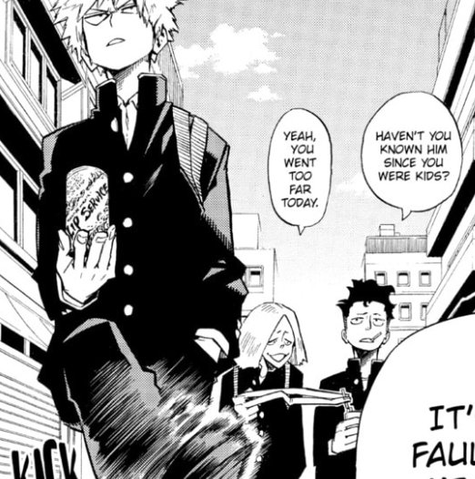 Itachedd's tweet photo. I been saying how eijirou "healthy masculinity" kirishima being Katsuki's bff says A LOT about katsuki himself, but it's interesting that even his middle school friends (?) were only "skin deep" delinquents. They immediately called him out for being uncharacteristically cruel https://t.co/gjhEyp6By8