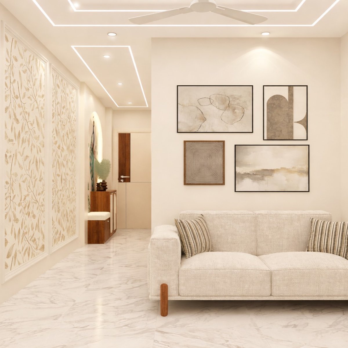 savannahyoungtm's tweet photo. Ever noticed how the simplest spaces feel the most beautiful? A neutral, minimal living room gains depth through subtle wallpaper, peacock details, and carefully chosen decor—simple, elegant, and inviting. https://t.co/TSsECXDJu0
