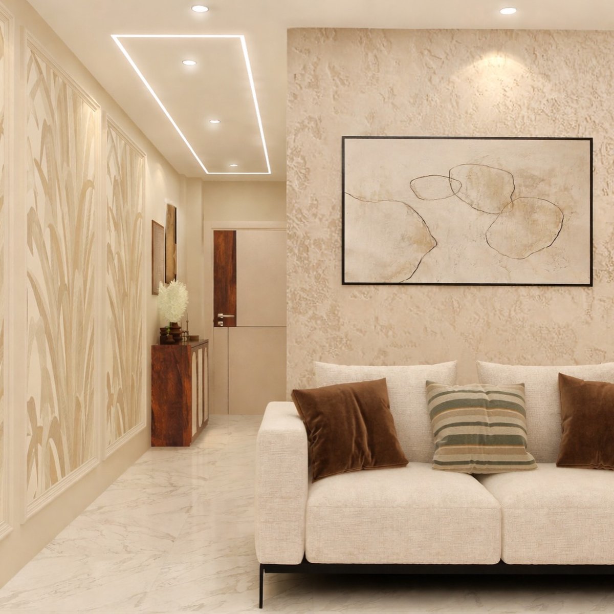 savannahyoungtm's tweet photo. Ever noticed how the simplest spaces feel the most beautiful? A neutral, minimal living room gains depth through subtle wallpaper, peacock details, and carefully chosen decor—simple, elegant, and inviting. https://t.co/TSsECXDJu0