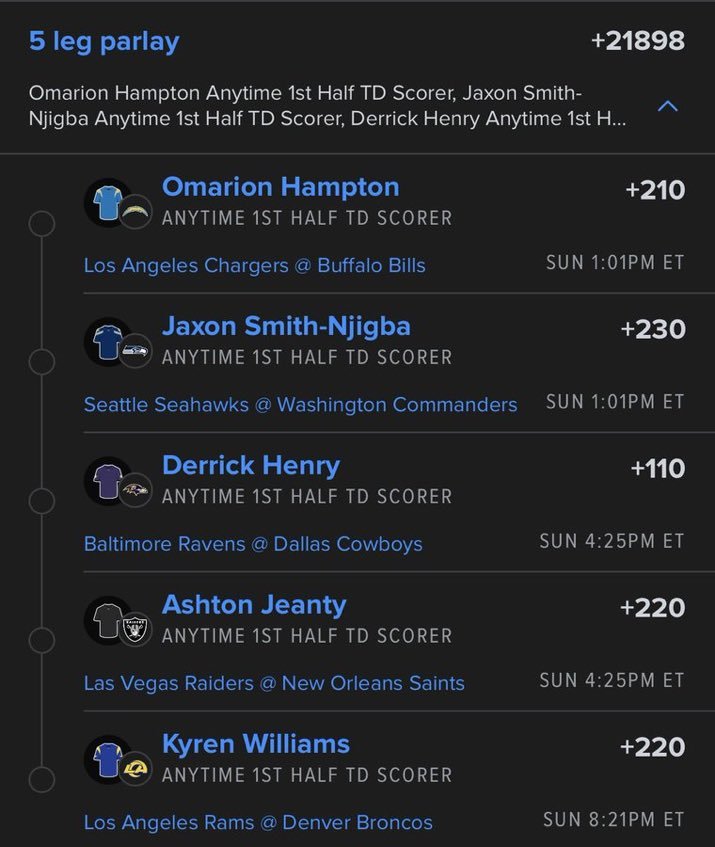 Mrbigbotwucd's tweet photo. Omarion Hampton 🏈
Jaxon Smith-Njigba 🔥
Derrick Henry 👑
Ashton Jeanty ⚡
Kyren Williams 💨
+21898 odds 👀💰
Who’s riding this one? 🫣🔥
@playbook https://t.co/TuSLT4Z57x
