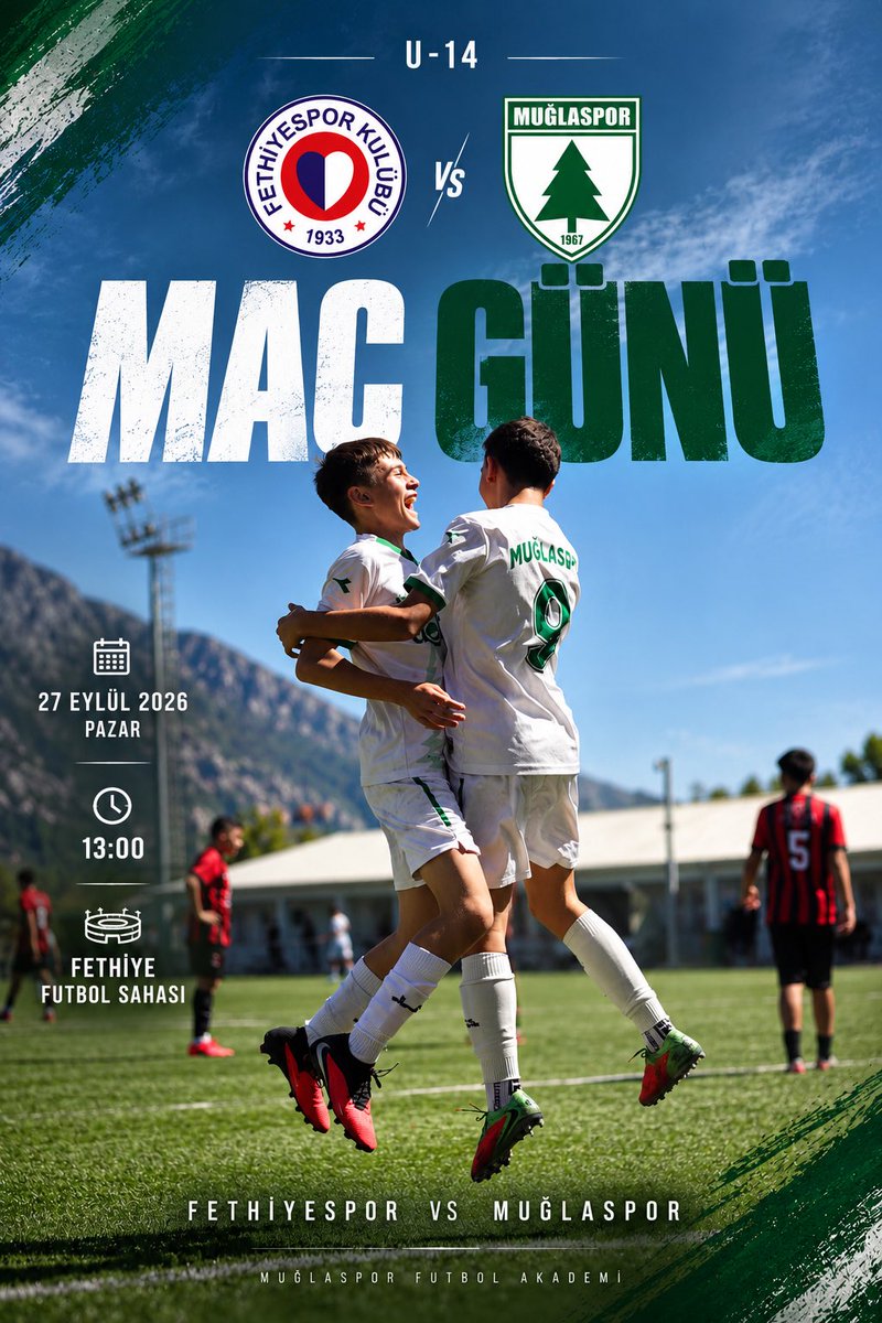 Muglasporfa's tweet photo. U14 | MAÇ GÜNÜ 💚🤍

U14 takımımız, deplasmanda Fethiyespor ile karşılaşıyor. ⚽

🗓️ 27 Eylül Pazar
⏰ 13.00
📍 Fethiye Futbol Sahası

Sahada mücadele, armada gurur!
Başarılar gençler! 💚🤍

#Muğlaspor #MuğlasporFutbolAkademi #U14 https://t.co/WNHBK3ByW1