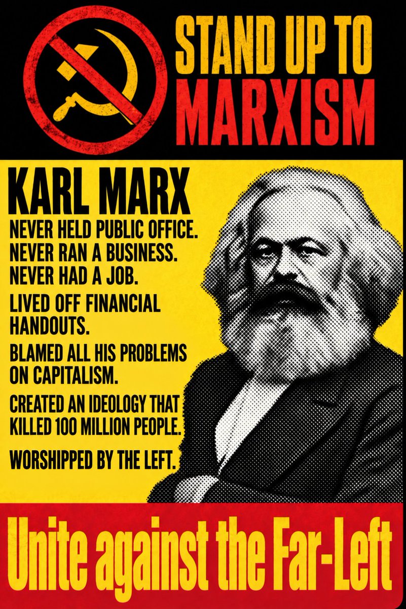 StandUp2Marxism's tweet photo. Official Stand Up To Marxism protest placards can be used at protests against the Far-Left.  

If you want to use these designs, use the official versions only.  

Stand Up To Marxism material is copyrighted. You do not have permission to alter, edit, crop, recolour, add slogans, remove the logo, or otherwise change this material in any way. Print or display the official designs as they are.  

Important: These designs are provided for lawful, peaceful use only. Stand Up To Marxism is not liable or responsible for any legal action taken against anyone who uses this material for illegal purposes, unlawful conduct, or any activity that breaks the law. Anyone using these designs does so at their own risk and is solely responsible for their own actions.