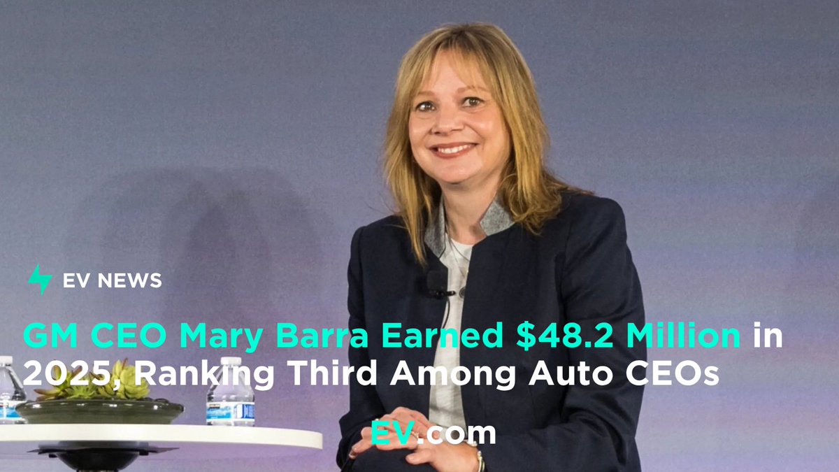 EVcom's tweet photo. GM CEO Mary Barra received $48.2 million in realized compensation in 2025, a 61.7% increase from the previous year.

That put Barra third among the highest-paid CEOs at U.S.-based companies in and around the automotive industry, according to the Automotive News/Equilar CEO Compensation Survey. Most of the increase came from gains tied to stock options and equity awards.

https://t.co/ESiUqp1MBN