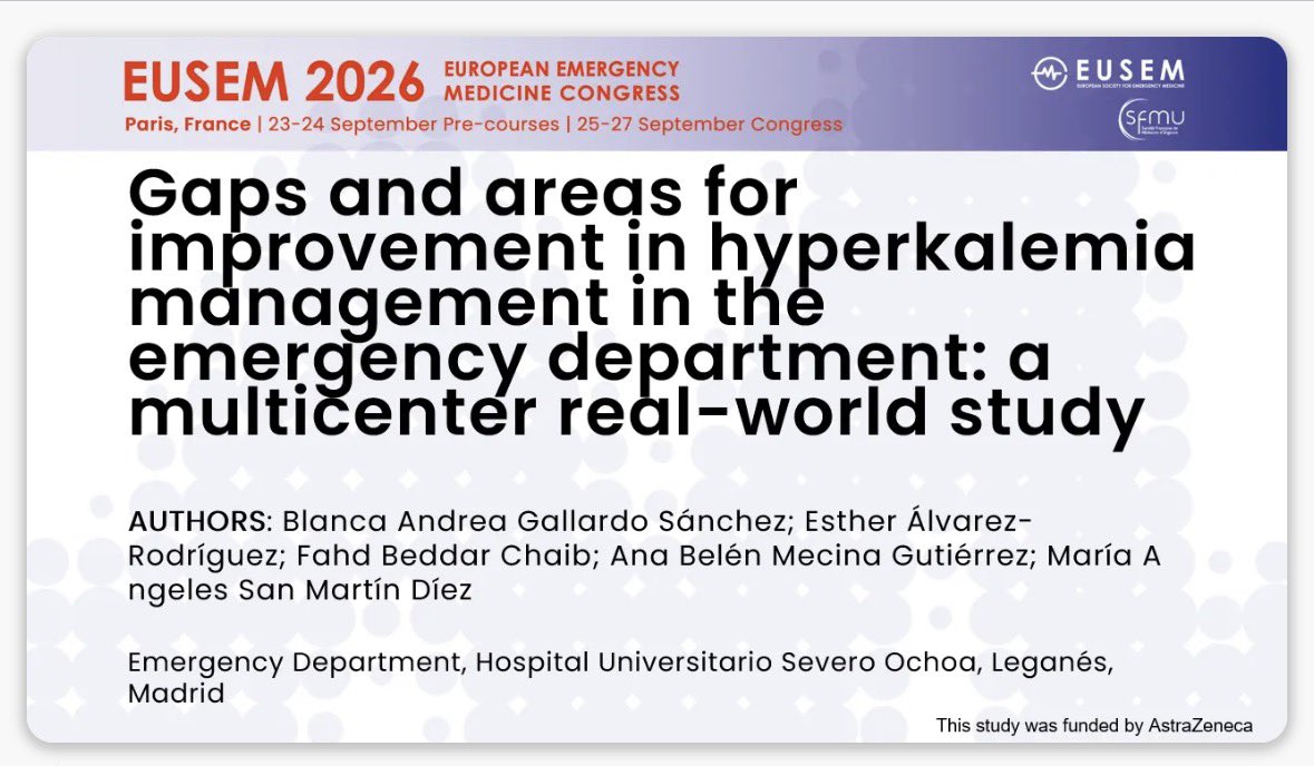 SEMESDiabetes's tweet photo. En #EUSEM la Dra Andrea Gallardo y @EstherAlvRodr han compartido reflexiones sobre el #EstudioHiK-ED, estudio multicéntrico español sobre hiperpotasemia en servicios de urgencias 

🏆Esta comunicación ha sido seleccionada dentro de los 10 mejores abstracts del congreso europeo https://t.co/VZMxSQ43bh