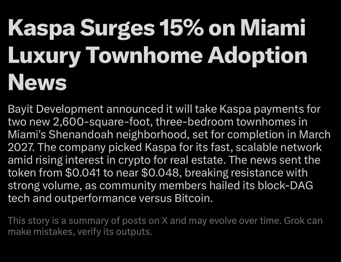 Dannfox_22's tweet photo. Someone's buying a Miami townhome with kaspa:native 

Been holding since 2024, first entry was $0.08. If you're getting in now, you're still early. https://t.co/nbbWpuNIxO