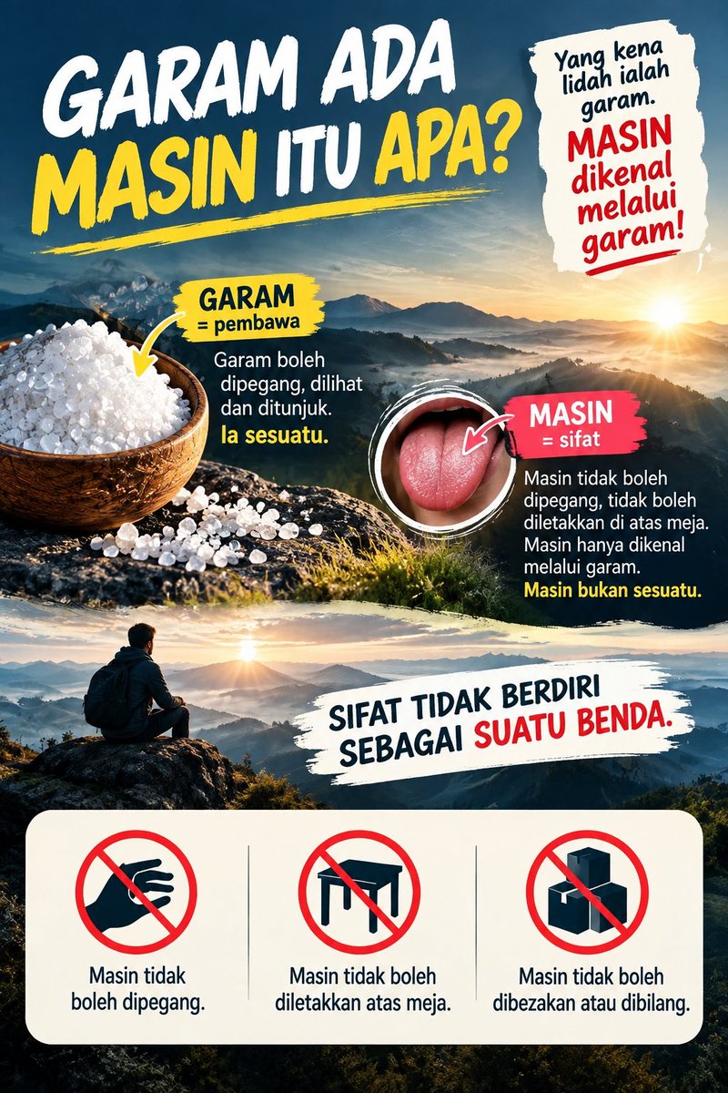 Fatan_1727's tweet photo. GARAM ADA, MASIN ITU APA? 🤔

Garam = benda boleh dipegang.
Masin = sifat yang hanya dikesan.

Anda tak boleh letak "masin" atas meja atau kotakkannya.

Allah bukanlah satu "benda". Sifat tidak berdiri sebagai suatu benda. 🧵

#Tauhid https://t.co/bSa7X7HQbh