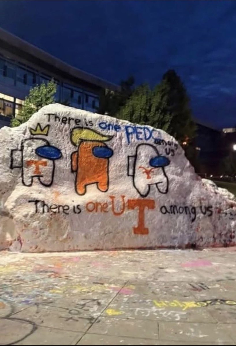 RealMartyT7's tweet photo. This is the reception the pedophile Trump got from Tennessee students when he disgraced their campus to attend the Tennessee -Texas football game today in Knoxville 

The Rock is located on UT campus and is used by students to express their views such as today when they warned there would be a pedophile among them on campus

Bravo to UT students for expressing their disgust at the Epstein File defender for showing his vile face on their campus 

#USDemocracy #BelieveYourEyesNotMAGALies #DemVoice1 #DemsUnited